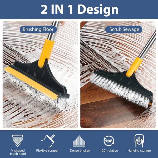 Floor Brush- 2 In 1 Long Handle Wiper Stiff Bristle Floor Brush
